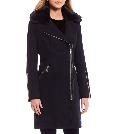 michael michael kors faux fur-trim wool-blend coat|Michael Kors leather jacket.